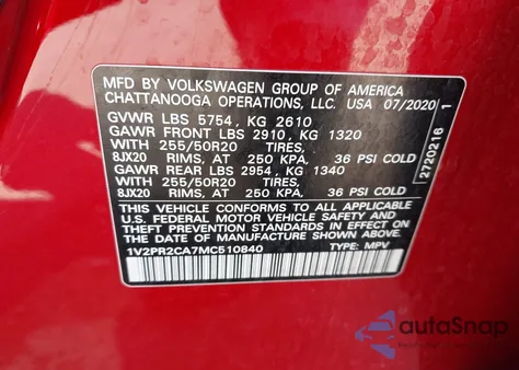 2021 Volkswagen Atlas 3.6L V6 Se W/Technology R-Line from USA, damaged, VIN 1V2PR2CA7MC510840